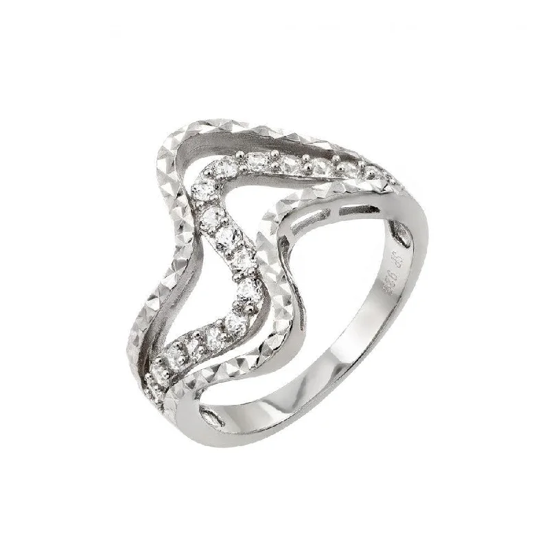 ladies ring adjustable gold-Silver 925 Rhodium Plated Clear CZ Inlay Wave Ring - STR00965