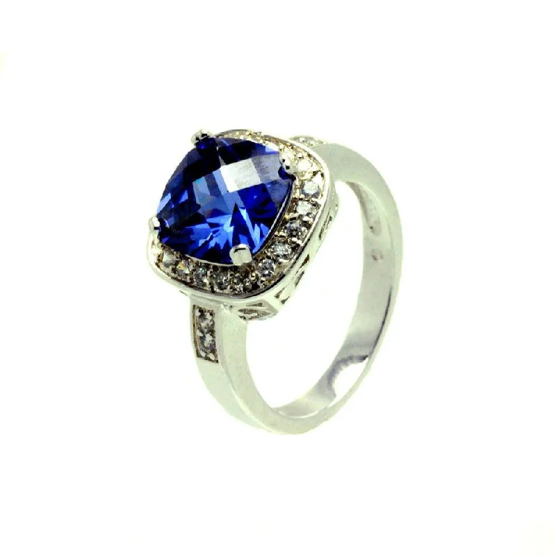 ladies ring affordable silver-Silver 925 Rhodium Plated Blue Center Square and Clear Cluster CZ Ring - BGR00625