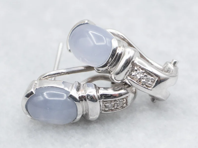 ladies earrings spring silver-White Gold Chalcedony and Diamond Huggie Hoop Earrings