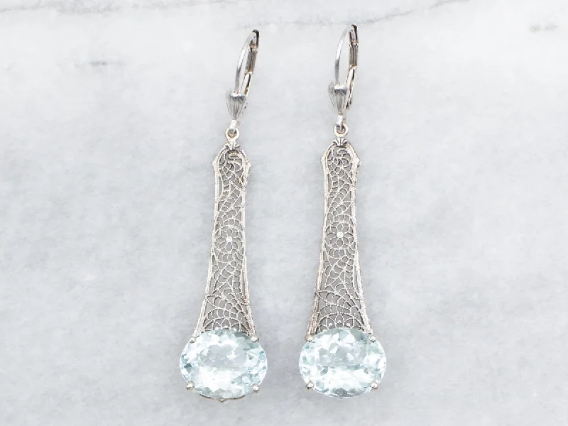 ladies earrings platinum-Art Deco Aquamarine Filigree Drop Earrings