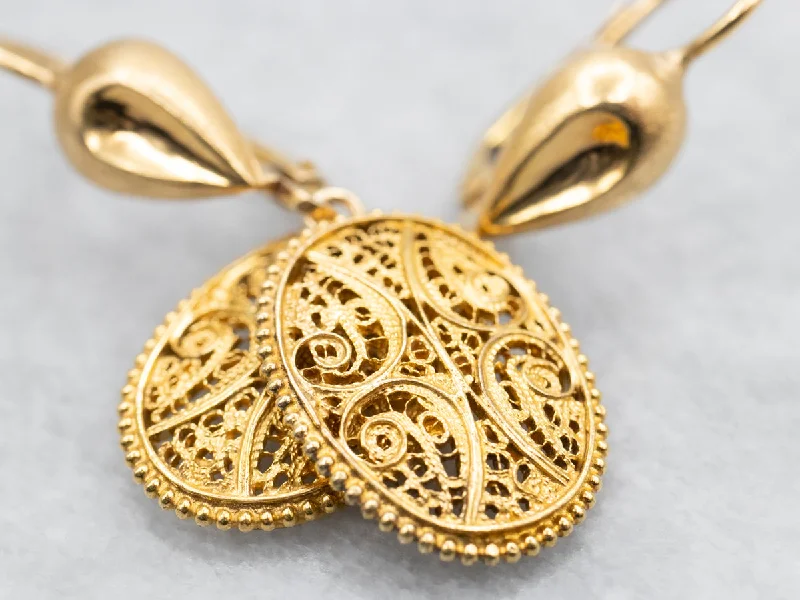 ladies earrings ethical-Ornate Gold Filigree Drop Earrings