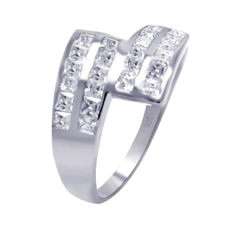 ladies ring three stone-Silver 925 Rhodium Plated Clear Square CZ Ribbon Ring - AAR0045