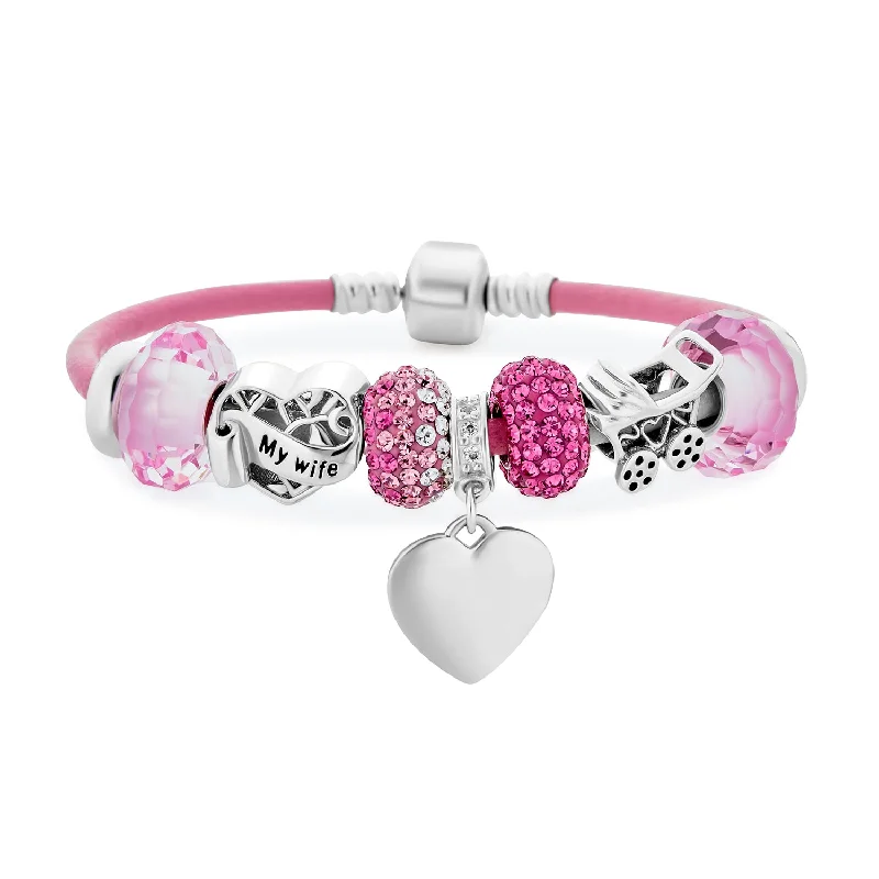 Ladies bracelets fabric band styles-My Wife Heart Charm Bracelet Pink Leather Sterling Silver Beads 6.5-8.5 Inch