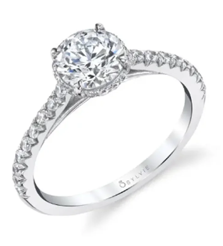 ladies engagement ring romantic-14K White Gold 0.31ctw Diamond Hidden Halo Engagement Ring Mounting