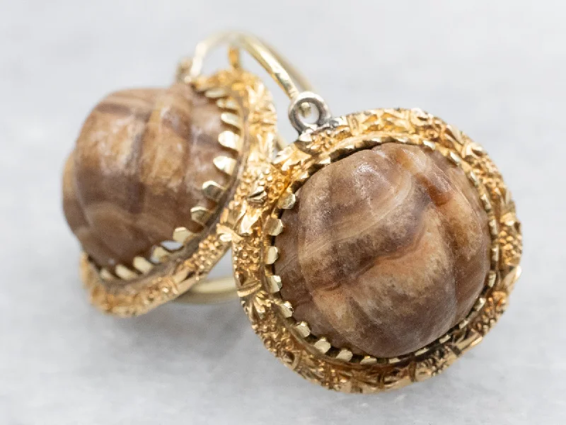 ladies earrings white gold finish-Earthy Brown Jasper and Gold Drop Earrings