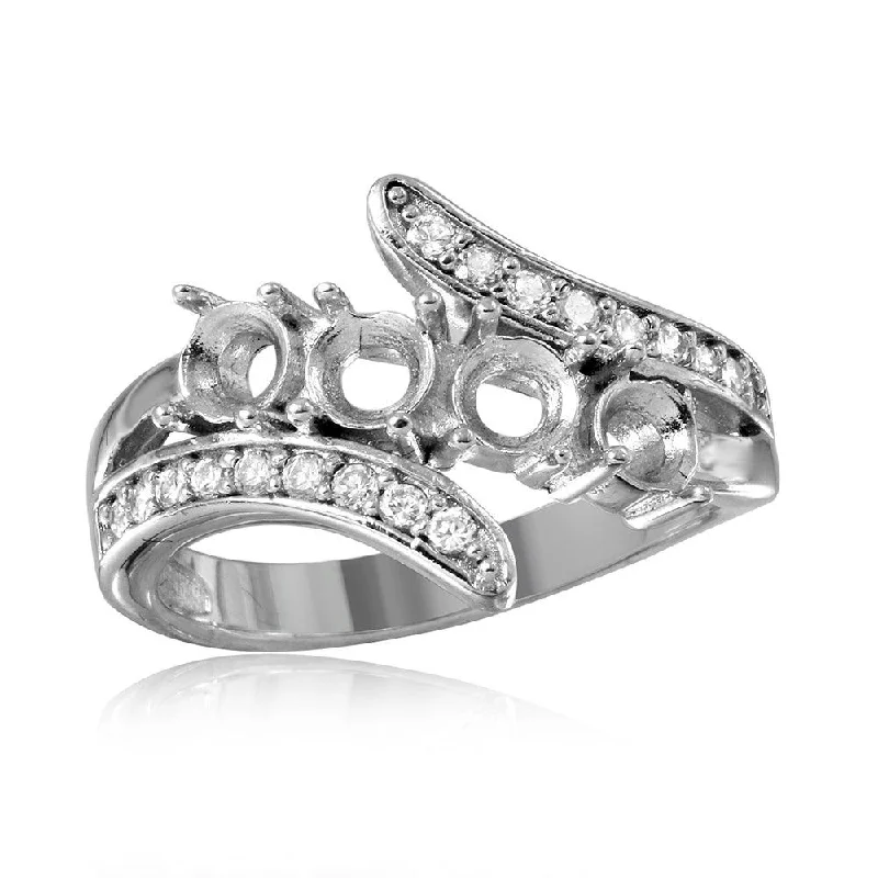 ladies ring slim gold-Silver 925 Rhodium Plated 3 Row CZ with 4 Round Mounting Ring - BGR00495