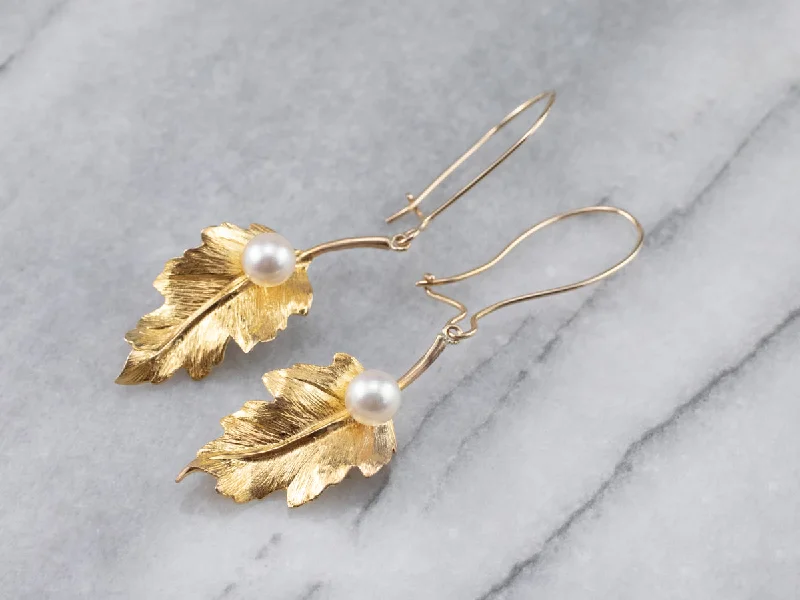 ladies earrings climber gold-Pearl Gold Leaf Drop Earrings