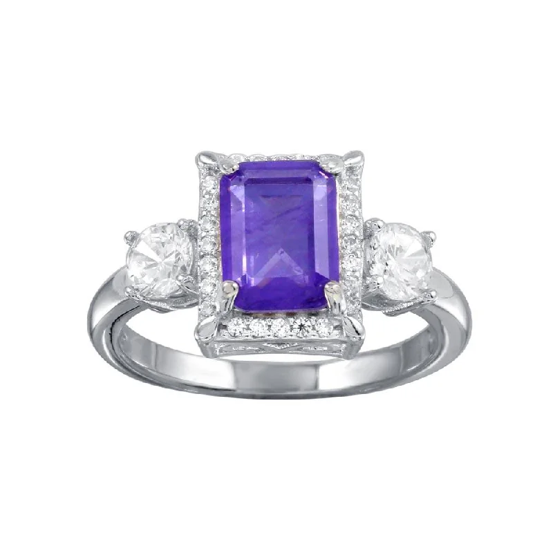 ladies ring engagement-Rhodium Plated 925 Sterling Silver Purple Center Halo CZ Ring - BGR01270