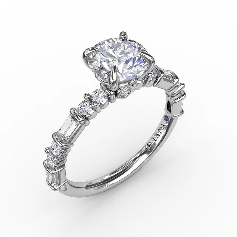 ladies engagement ring three stone-Contemporary Diamond Solitaire Engagement Ring With Baguettes and Round Diamond Accents