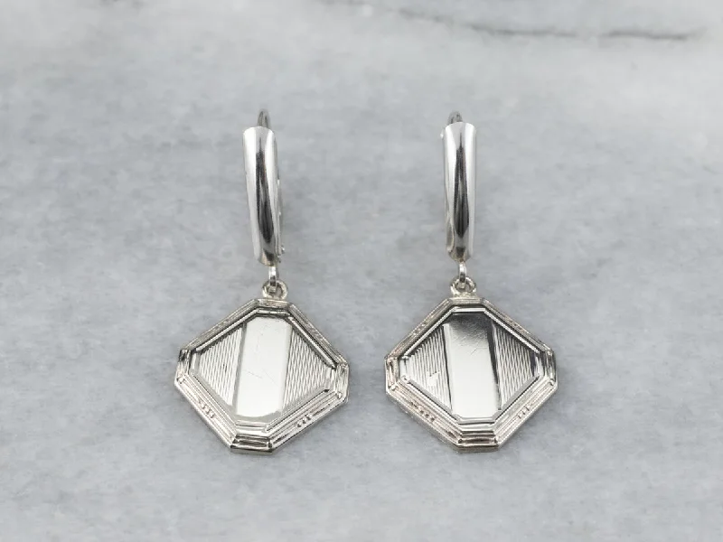 ladies earrings oval silver-Square Disk White Gold Drop Earrings