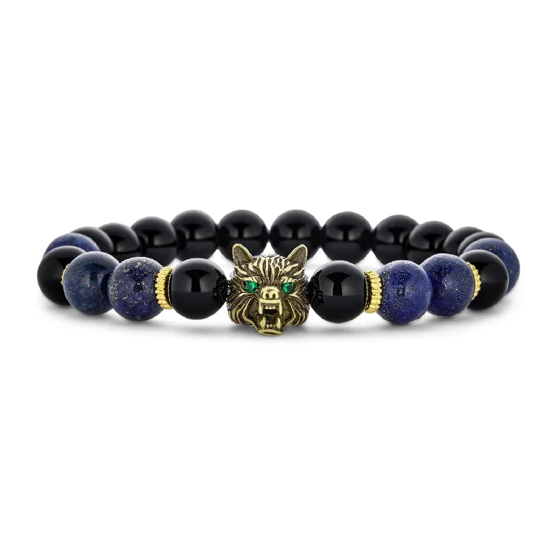 Ladies bracelets sparkle detail designs-Unisex Jungle Animal Stretch Bracelet with Onyx & Tiger Eye Beads for Men Gold Plated