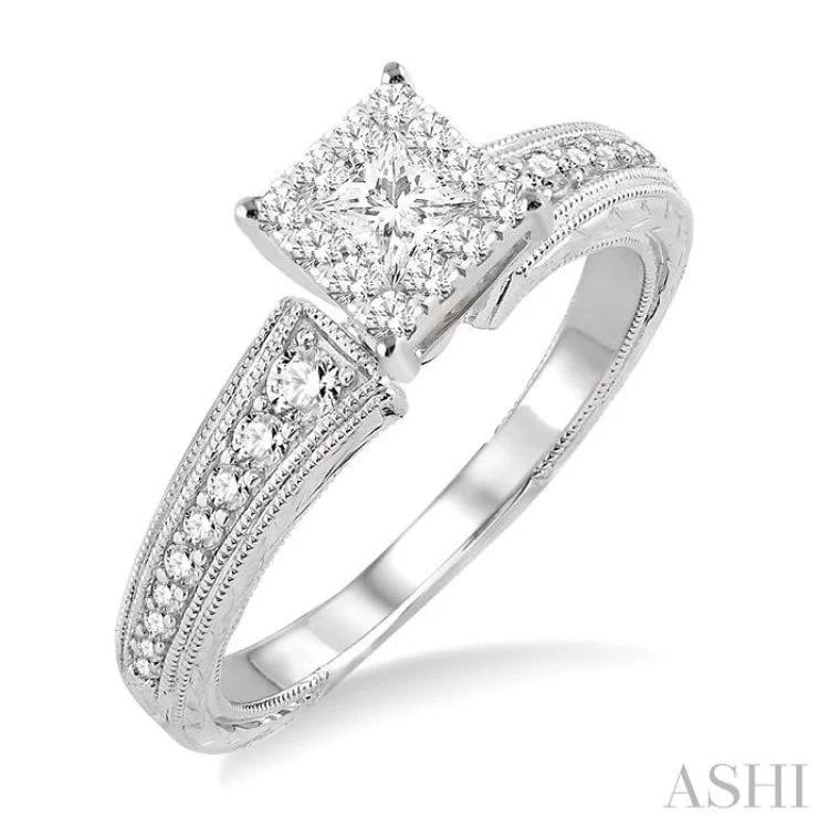 ladies engagement ring lab-grown diamond-1/2 Ctw Round Cut Diamond Lovebright Engagement Ring in 14K White Gold