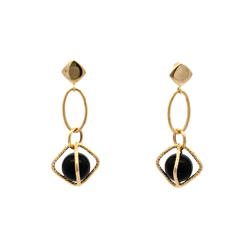 ladies earrings oxidized-Estate Onyx Bead Drop Earrings in Yellow Gold