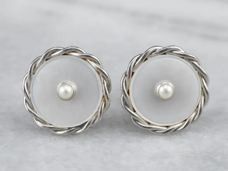 ladies earrings classic gold-Seed Pearl and Mother of Pearl Stud Earrings