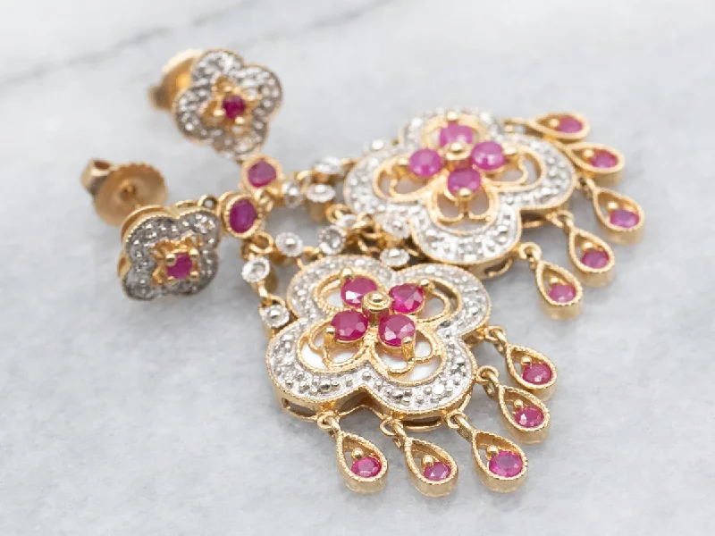 ladies earrings luxury brands-Floral Gold Diamond, Ruby, and Mother of Pearl Drop Earrings