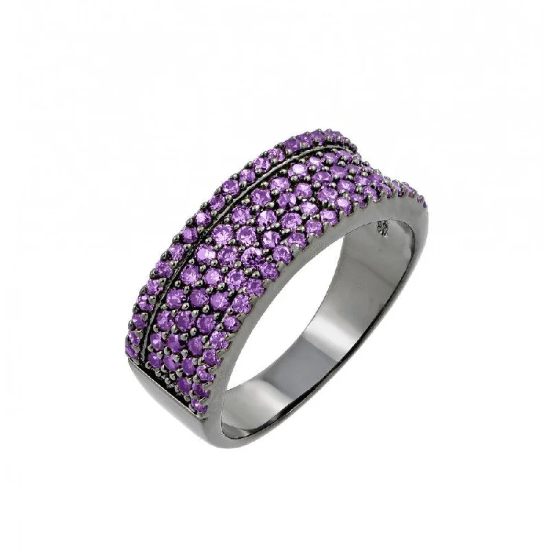 ladies ring trendy silver-Clearance-Silver 925 Rhodium Plated Purple Pave Set CZ Half Ring - BGR00770PUR