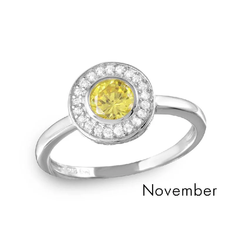 ladies ring oversized-November Sterling Silver 925 Rhodium Plated CZ Center Birthstone Halo Ring - BGR01082NOV