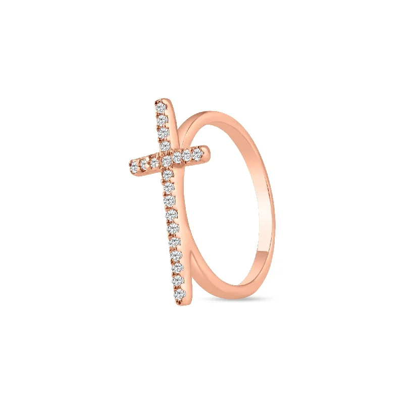 ladies ring edwardian-Silver 925 Rose Gold Plated Clear CZ Cross Ring - BGR00810RGP