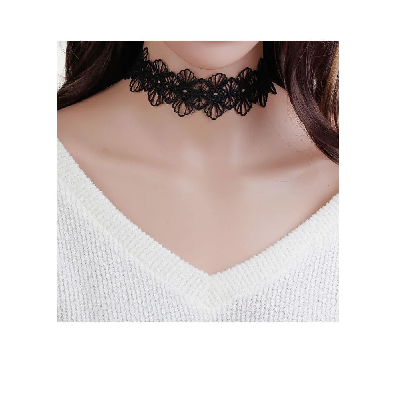 Ladies necklaces radiant shine styles-Sexy Sparkles Polyester Black Flower Choker Necklace for Women Girls Gothic Choker Bolo Tie Corset Lace Chokers