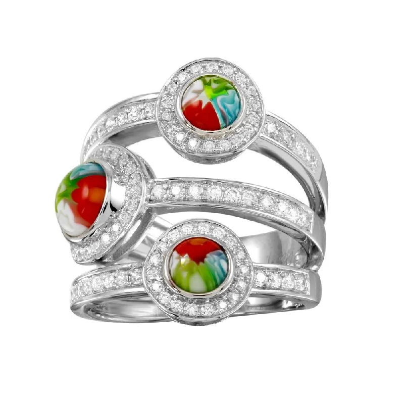 ladies ring nature platinum-Rhodium Plated 925 Sterling Silver 3 Row 3 Round Murano Glass CZ Ring - MR00003