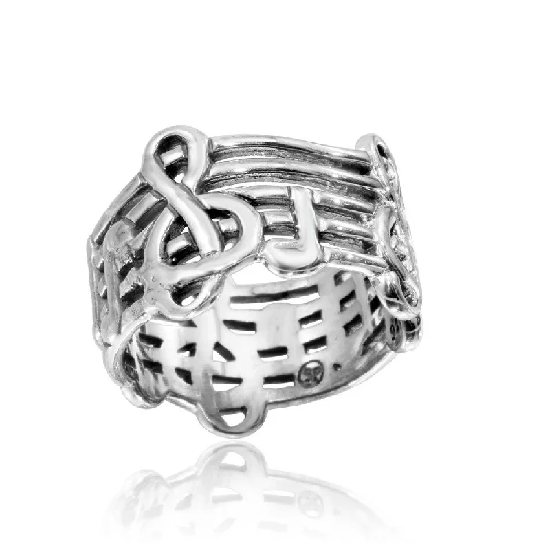 ladies ring side stones-High Polished 925 Sterling Silver Music Notes Ring - CR00804