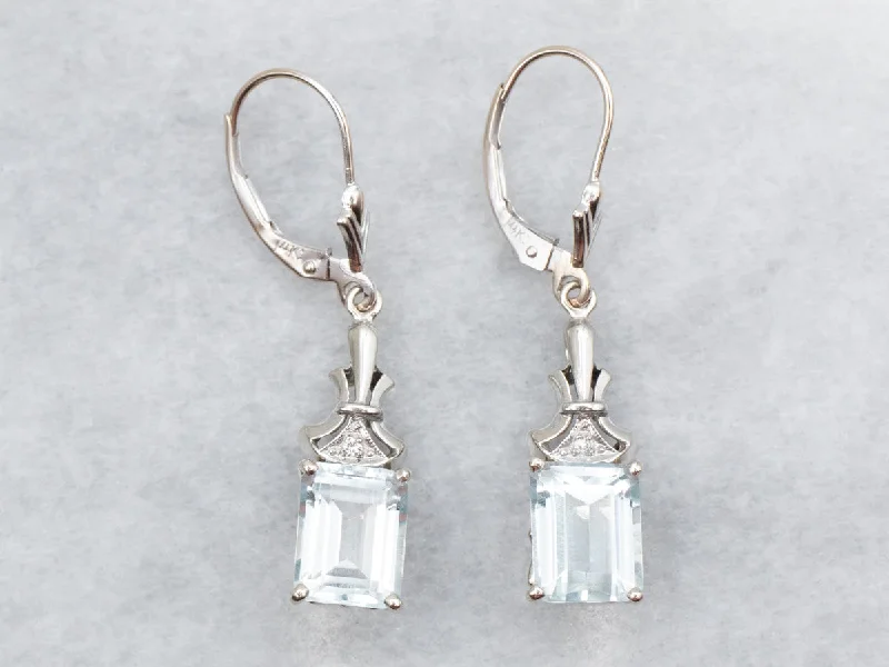 ladies earrings chunky platinum-White Gold Emerald Cut Blue Topaz Drop Earrings with Diamond Accent