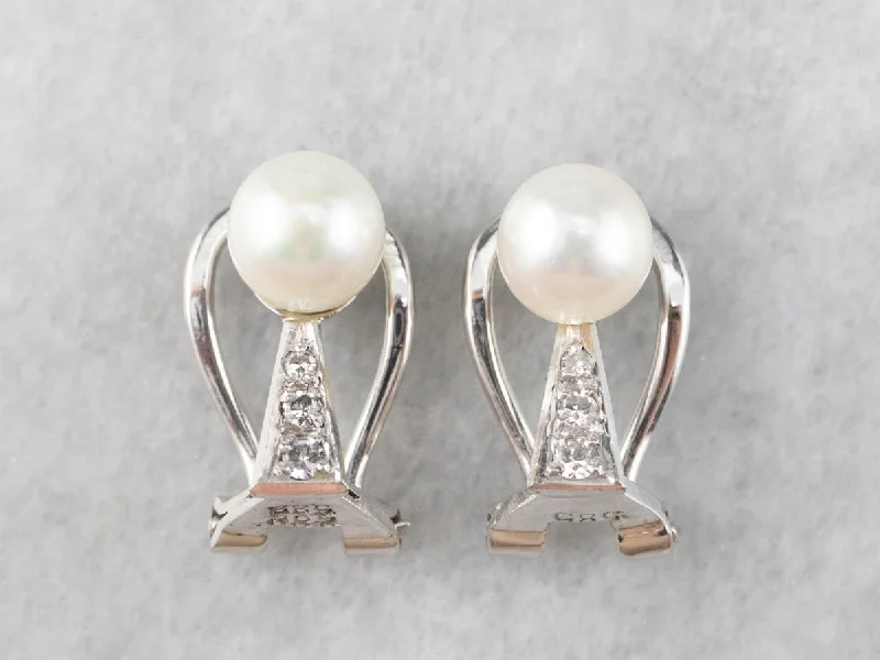 ladies earrings abstract platinum-Pearl and Diamond Clip-On Earrings