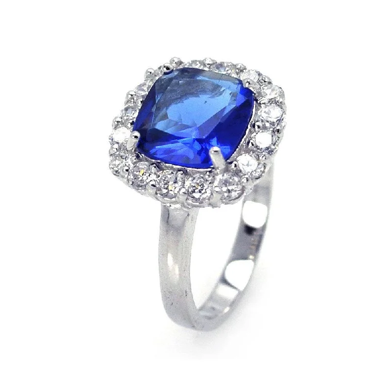 ladies ring etched-Silver 925 Rhodium Plated Blue Center Clear Cluster CZ Ring - STR00381BLU