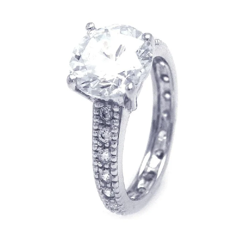 ladies ring with diamonds-Silver 925 Rhodium Plated Round Center CZ Stone Ring - STR00531