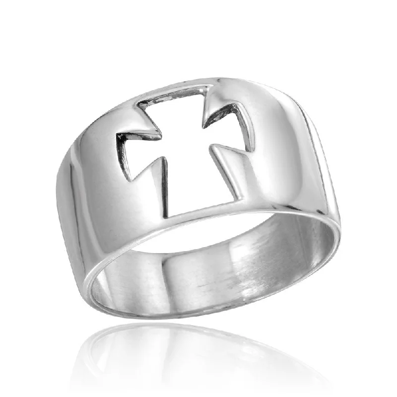 ladies ring exclusive-High Polished 925 Sterling Silver Open Cross Ring - CR00754