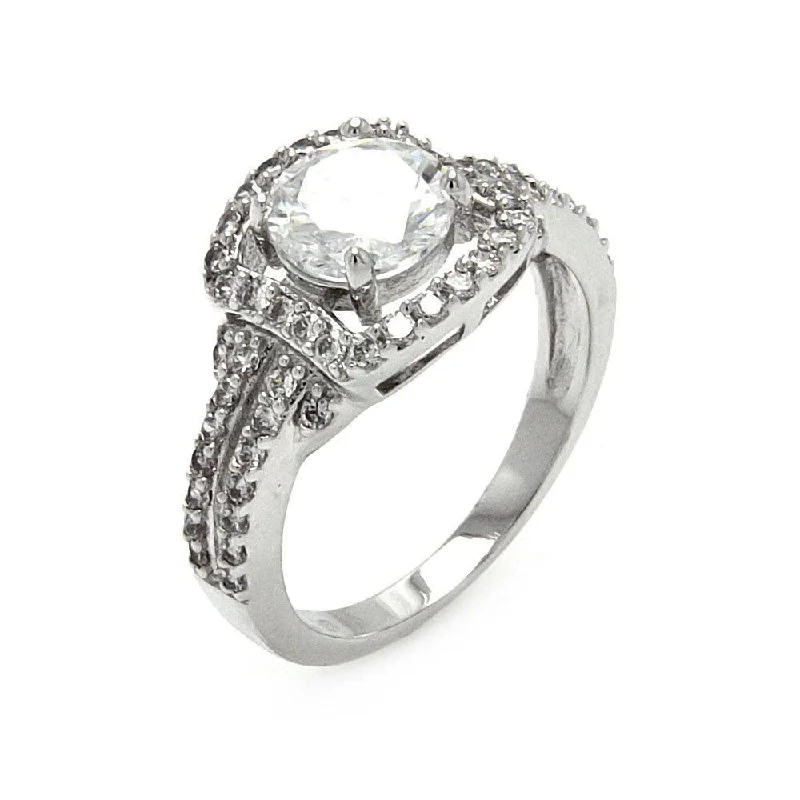 ladies ring party-Silver 925 Rhodium Plated Circle Center Clear Cluster CZ Square Bridal Ring - BGR00523