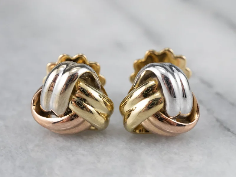 ladies earrings asymmetrical silver-Tri Color Gold Knot Stud Earrings