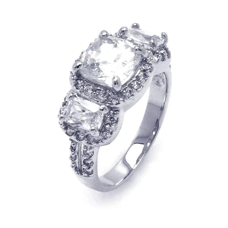 ladies ring textured silver-Silver 925 Rhodium Plated Clear Square Cluster CZ Past Present Future Ring - BGR00252