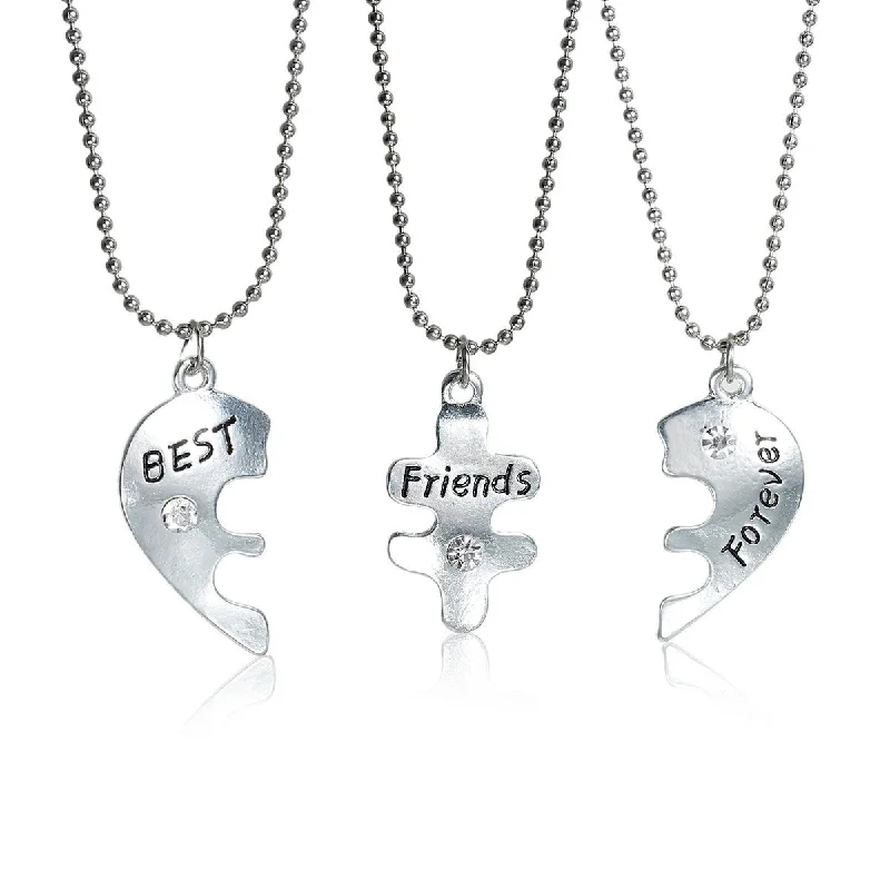 Ladies necklaces green diamond necklaces-3 pc Necklace Ball Chain Broken Heart Message " Best Friends Forever " Pendant Clear Rhinestone