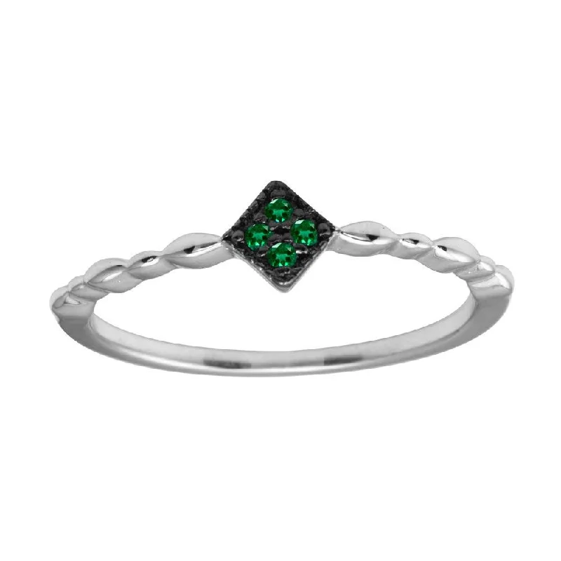 ladies ring channel set-Rhodium Plated 925 Sterling Silver Diamond Shape 4 Green CZ Ring - BGR01226GRN