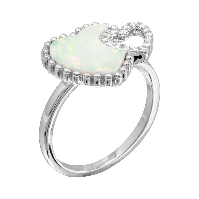 ladies ring 1970s style-Rhodium Plated 925 Sterling Silver Double Opal and CZ Heart Ring - BGR01089