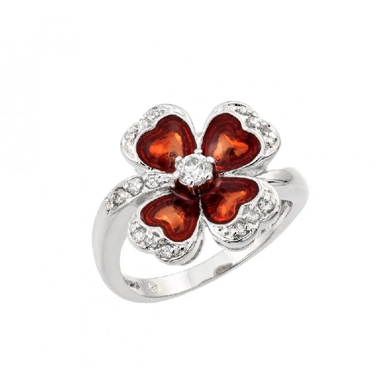 ladies ring exclusive gold-Silver 925 Rhodium Plated Clear CZ Red Clover Ring - BGR00909