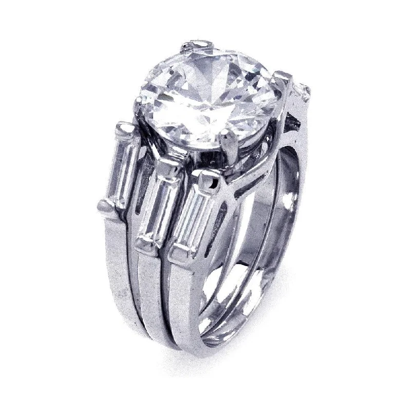 ladies ring affordable silver-Silver 925 Rhodium Plated Single Round Center CZ 3 Row Bridal Ring - BGR00235