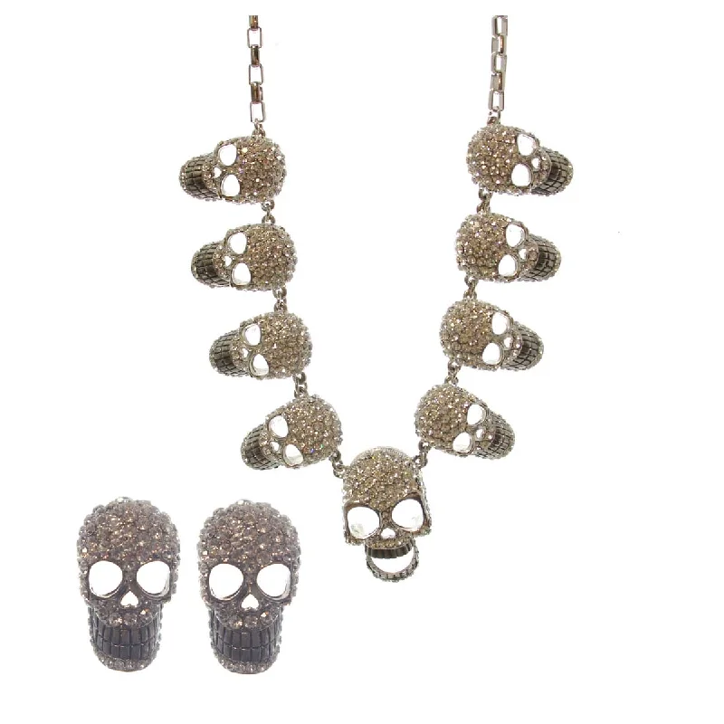 Ladies necklaces monochromatic styles-Pave Skull Necklace & Earring Set