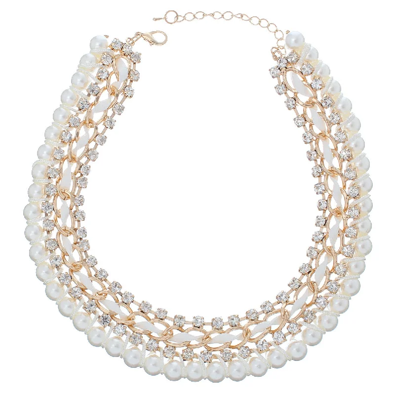 Ladies necklaces rounded edge designs-Fashion Jewelry Necklace Gold Plated with Clear Rhinestone White Acrylic Pearl Imitation Ball 15inch