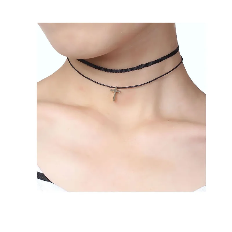 Ladies necklaces celestial theme necklaces-Sexy Sparkles Cross Velvet  Choker Necklace for Women Girls Gothic Choker Bolo Tie Chokers