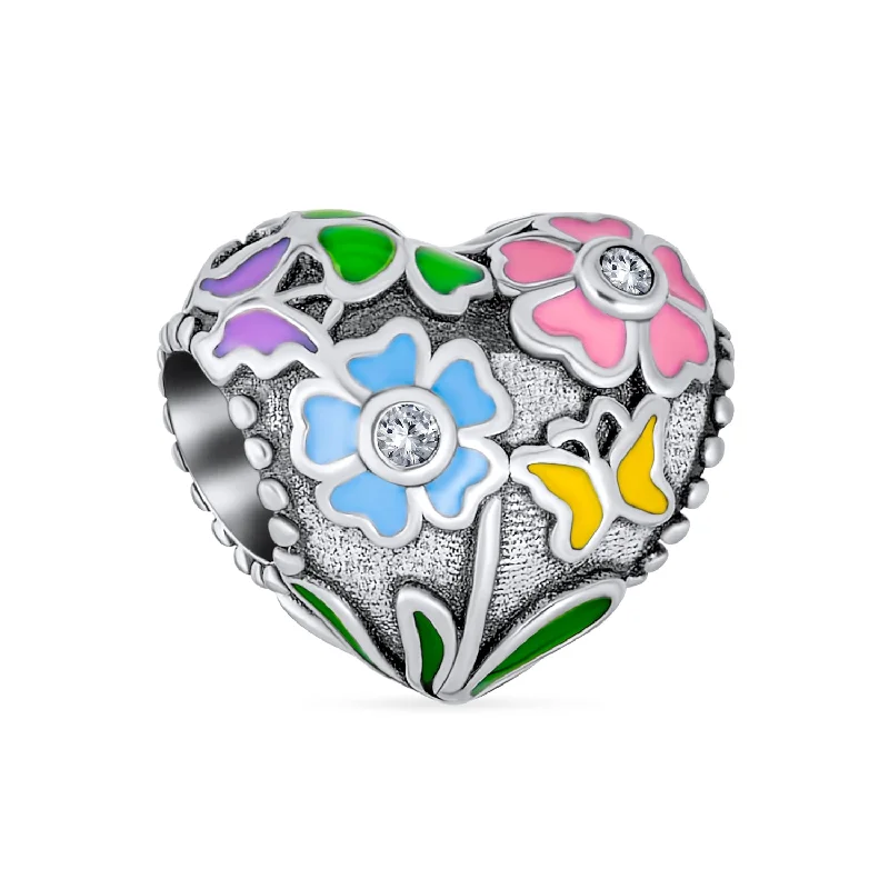 Ladies bracelets colorful gemstone picks-Valentine CZ Accent Love Grows Floral Heart Charm Bead Sterling Silver Bracelet