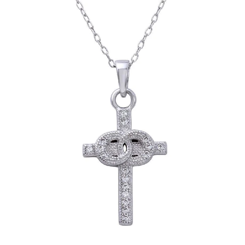 ladies ring eco-friendly gold-Rhodium Plated 925 Sterling Silver Small Cross Pendant with Linked Rings Center and CZ - STP01615