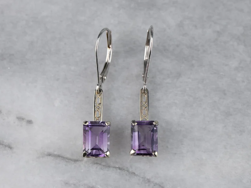 ladies earrings yellow gold finish-White Gold Amethyst Drop Earrings