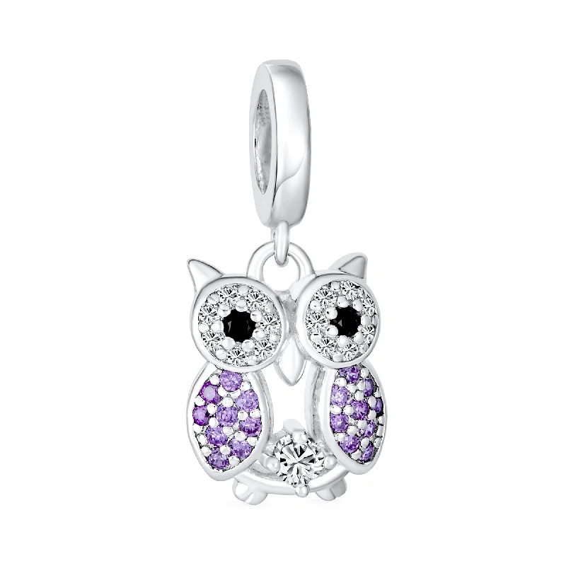 Ladies bracelets exclusive limited editions-Wise Graduate Owl Bird Purple CZ Charm Bead for Students Sterling Silver Fits European Bracelet