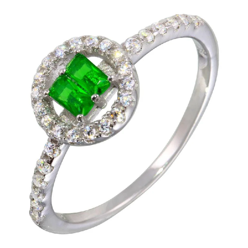 ladies ring clearance-Rhodium Plated 925 Sterling Silver Green Stone Ring with CZ - BGR01140GRN