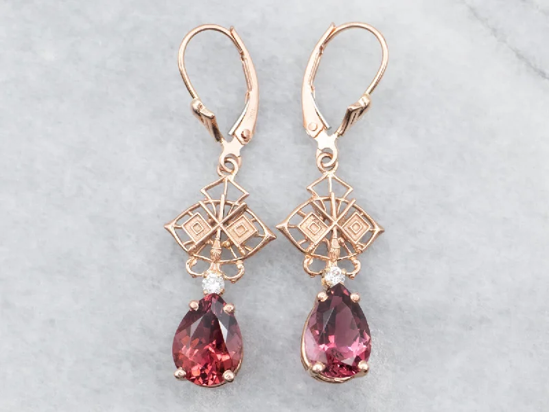 ladies earrings hoop rose gold-Rose Gold Pink Tourmaline Drop Earrings with Diamond Accents