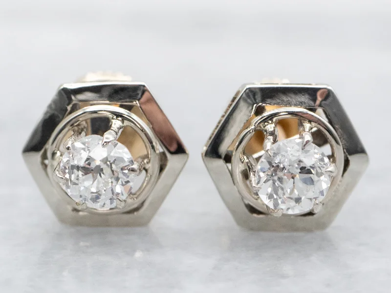 ladies earrings hammered-Old Mine Cut Diamond Hexagonal Stud Earrings