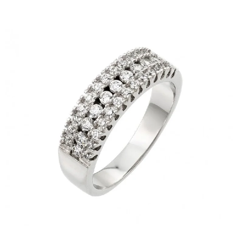 ladies ring mother’s gold-Silver 925 Rhodium Plated Clear Pave Set CZ Half Ring - BGR00918