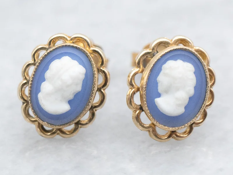 ladies earrings clip-on-Blue and White Cameo Stud Earrings